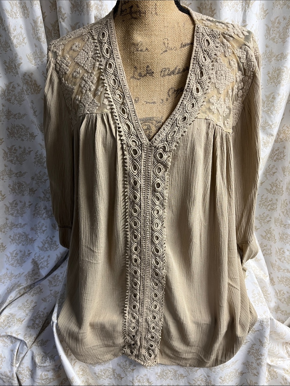 new directions Beige Embroidered V-Neck Tunic Top